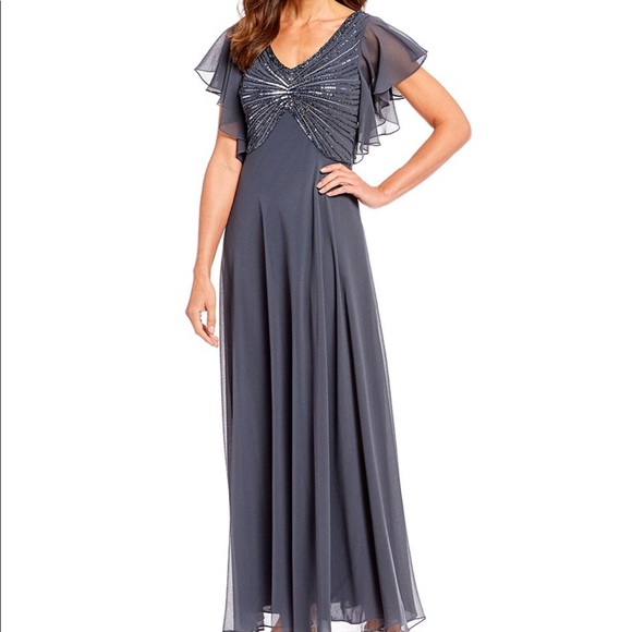 jkara sequin bodice chiffon gown